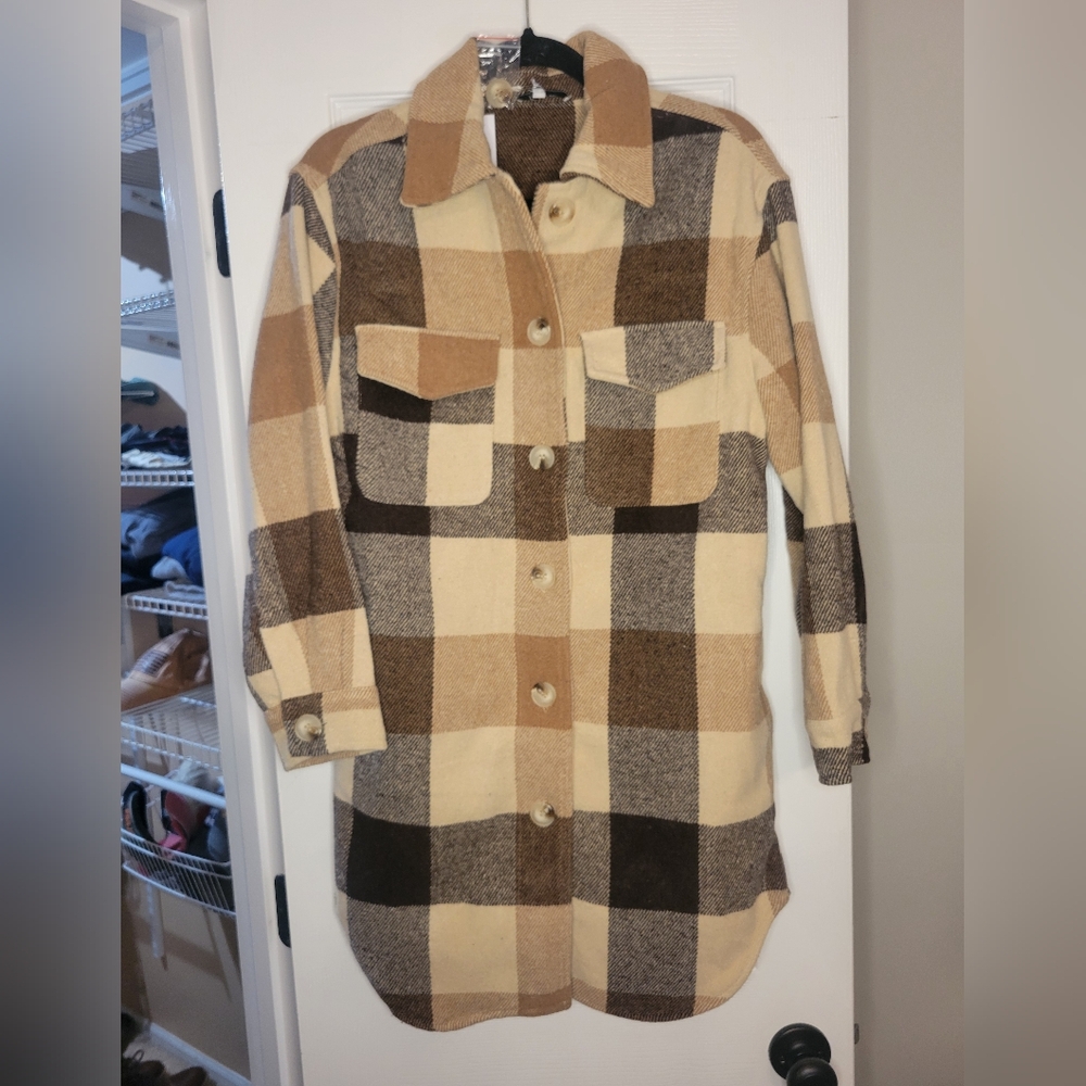 NWT Polagram Brown Cream and Tan Plaid Long Jacket